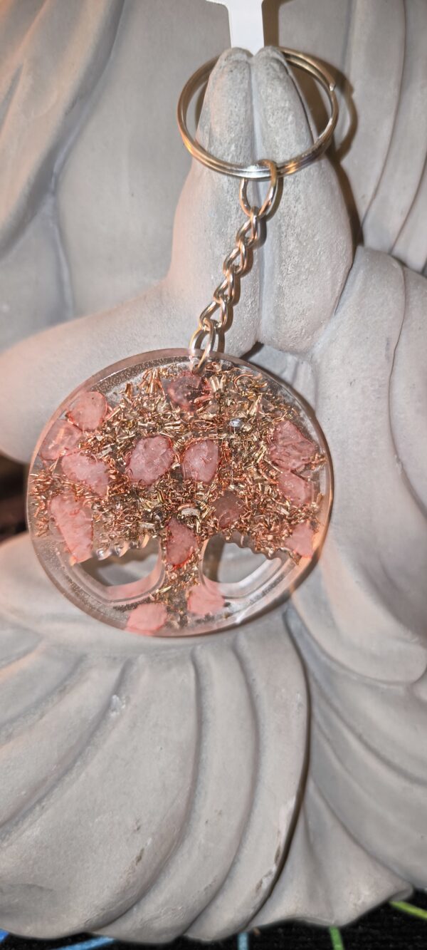 Porte-clé Orgonite en Résine Époxy, Forme ronde, Arbre de Vie et Quartz Rose