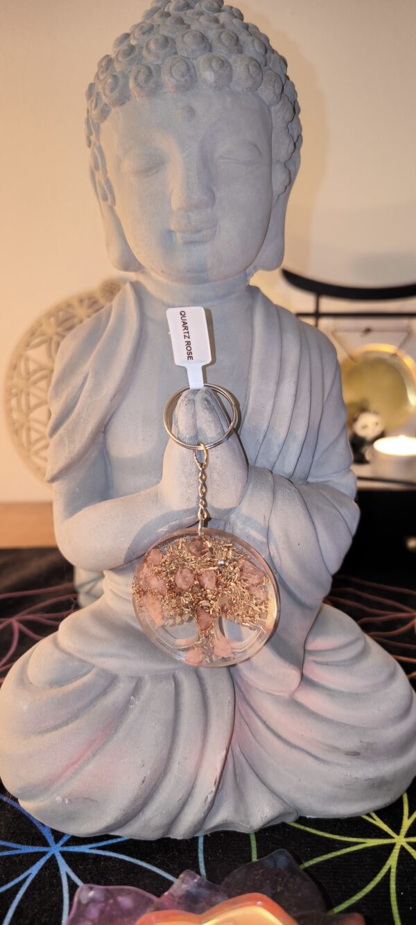 Porte-clé Orgonite en Résine Époxy, Forme ronde, Arbre de Vie et Quartz Rose - Image 2