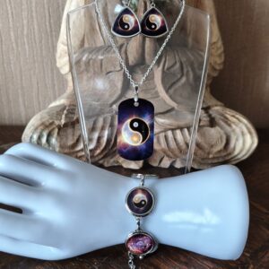 Parure Yin et Yang – Boucles d’oreilles, Pendentif et Bracelet (5 rond)