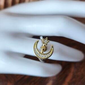 Bague ouverte lune étoile sertie de zircons - doré et argenté
